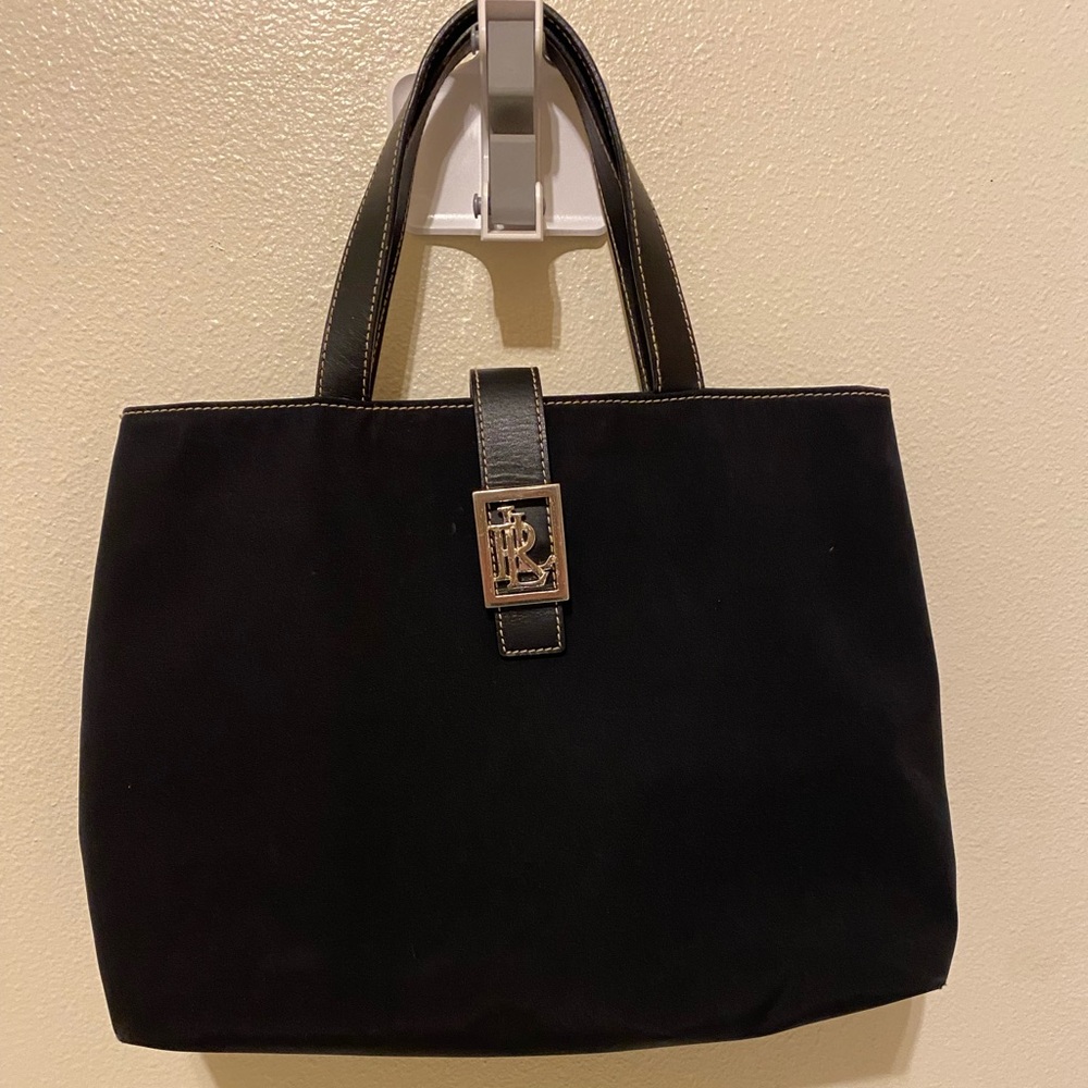 Lauren Ralph Lauren Black Suede Tote with Gold Logo Accent
